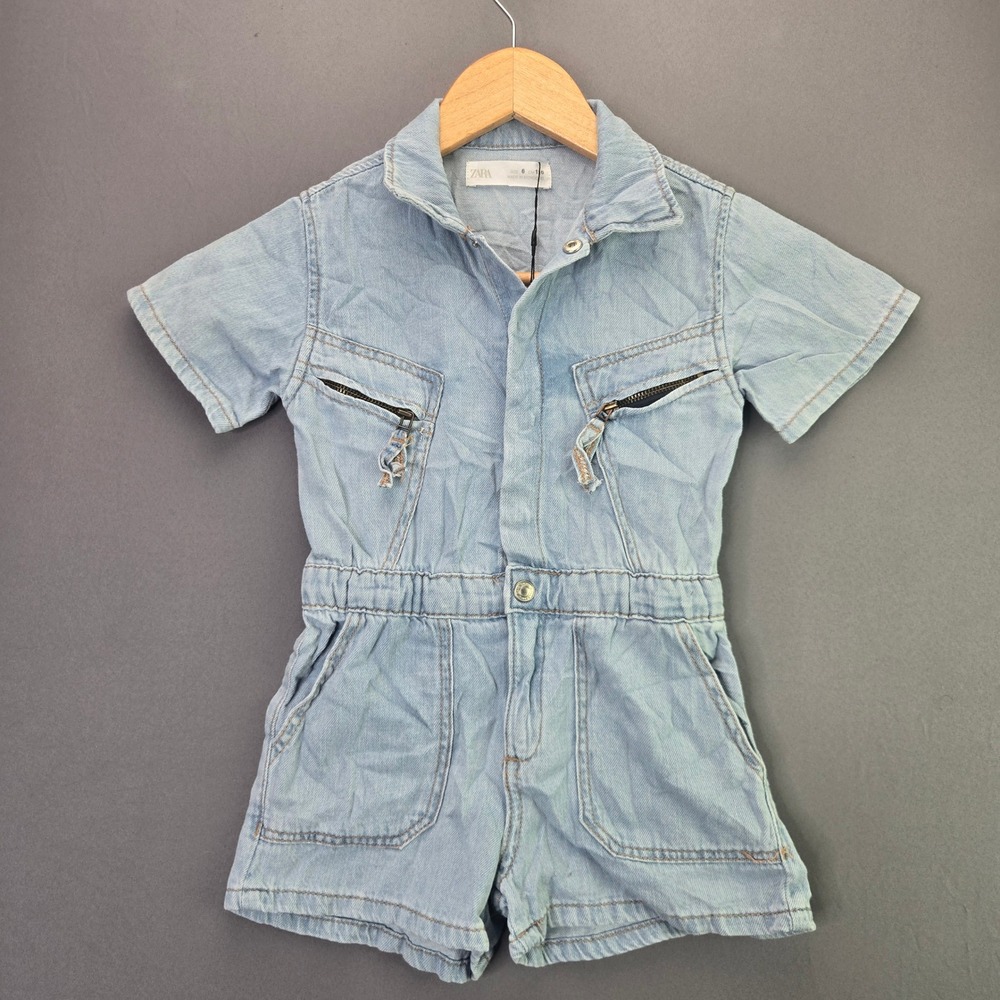 Zara Kids Denim Romper Jumpsuit Size 6 Light Wash Blue Utility Short Sleeve 3668